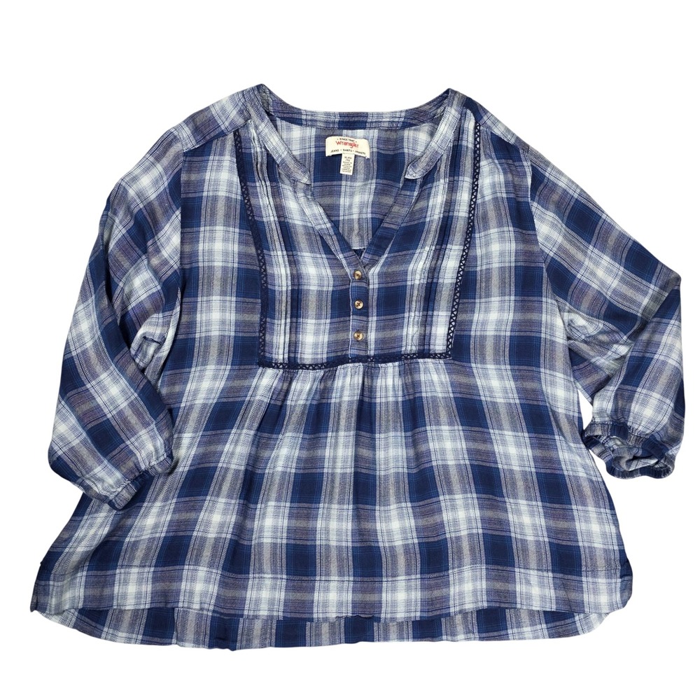 Wrangler Plaid Blouse Womens XL Blue Good Crochet Trim V-Neck 3/4 Sleeve Top